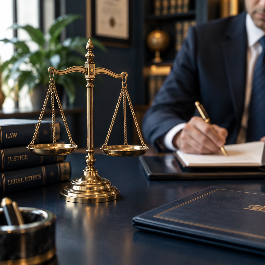 Gold scales of justice on a navy desk in a professional law office, with an attorney writing in the background