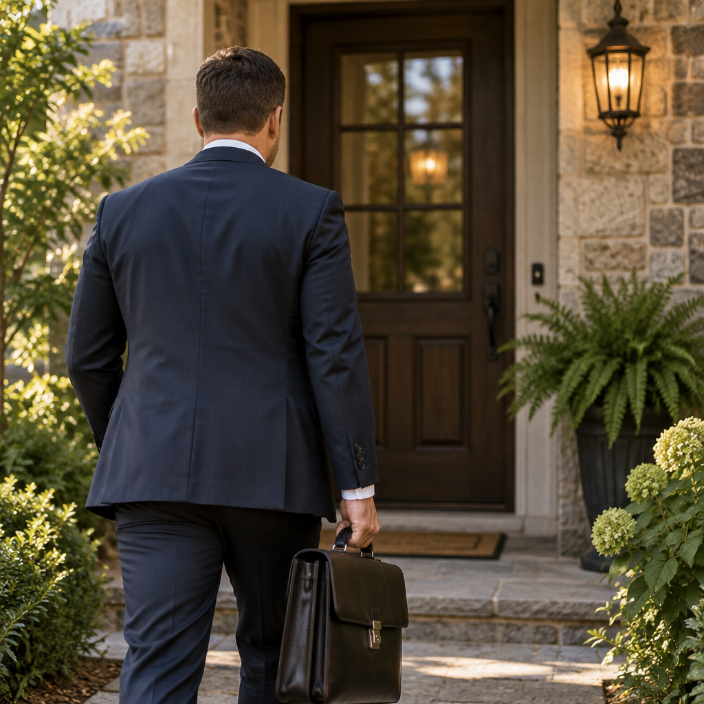 Professional investigator in a dark suit approaching a residential front door, briefcase in hand, in warm evening light