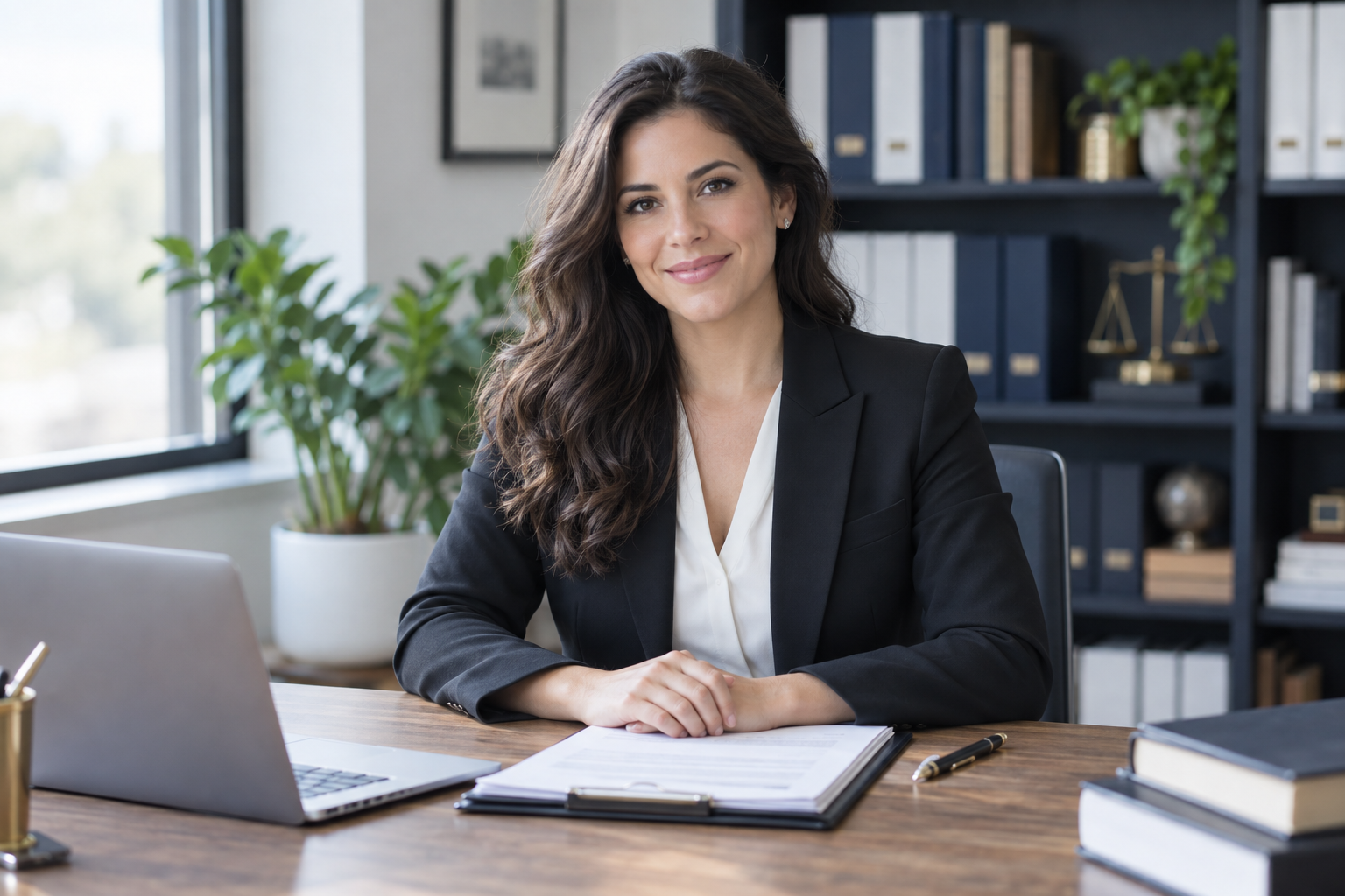 Smiling compliance professional in a black blazer seated at an office desk with paperwork, a laptop, and a pen