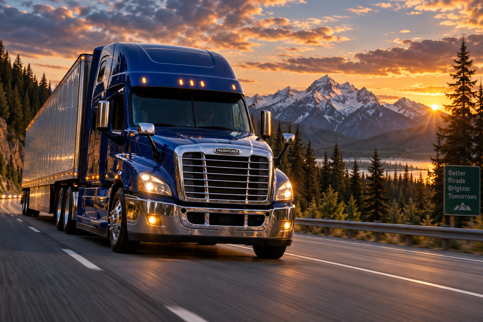 Deep royal blue semi-truck driving on a Pacific Northwest highway at golden hour with snow-capped mountains in the background