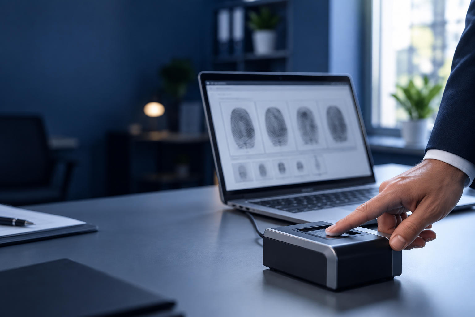 Fingertip placed on a digital LiveScan fingerprint scanner, with a laptop behind showing captured fingerprint scans