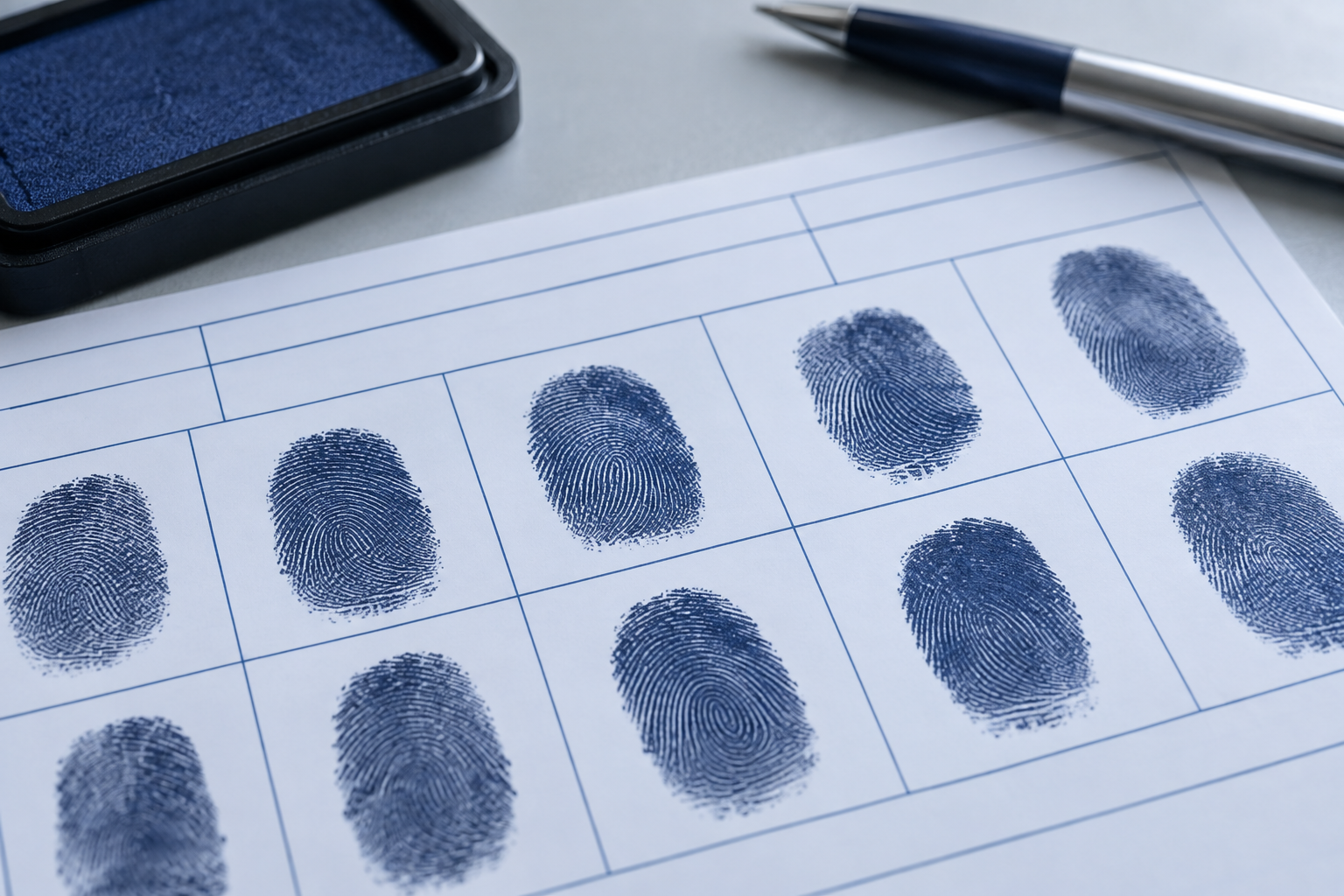 Fingerprint card with rows of inked rolled fingerprint impressions beside an ink pad and pen