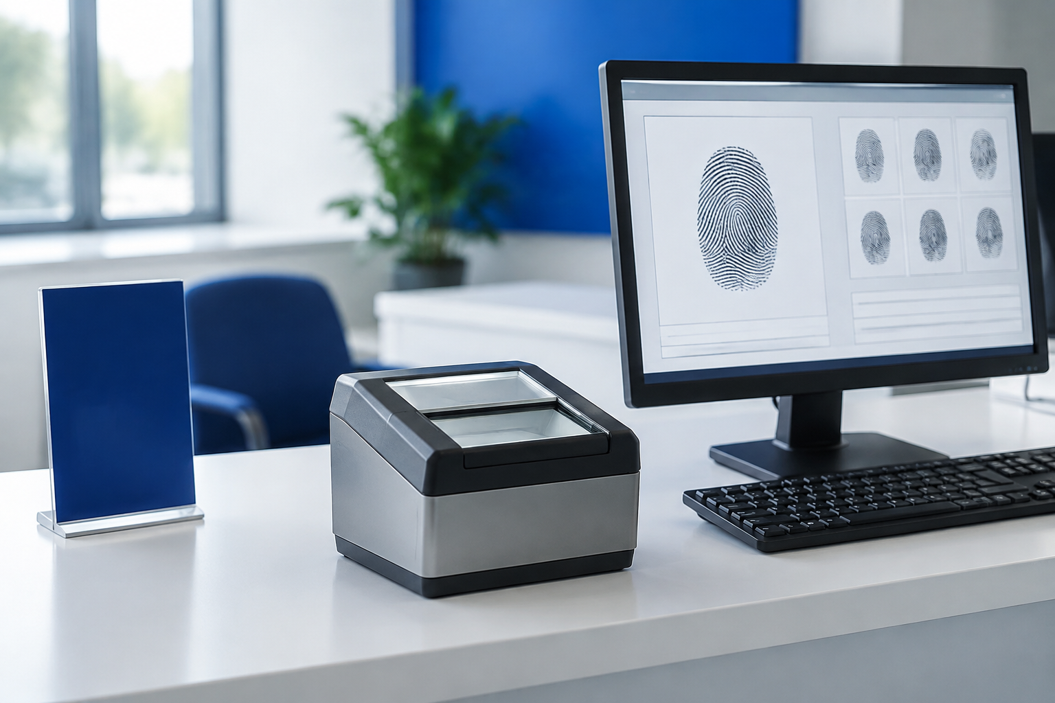 Digital LiveScan fingerprinting station with a glass-platen scanner and a monitor showing a fingerprint capture screen