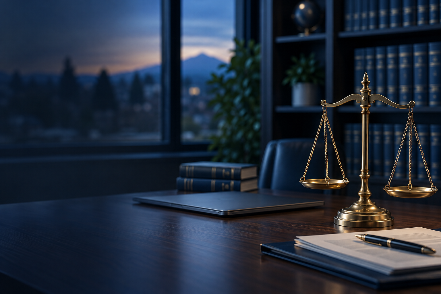 Brass scales of justice on a law-office desk in front of shelves of navy leather-bound law books