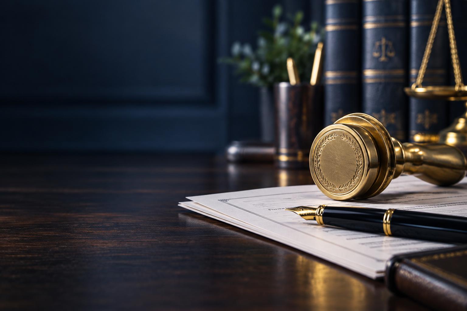 Brass notary seal and a black-and-gold fountain pen resting on legal documents, with leather-bound law books behind