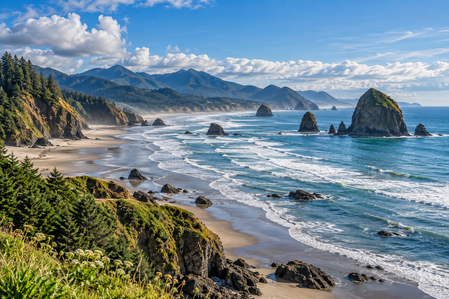Oregon coastline with a Haystack-style sea stack under a blue sky, waves rolling onto the beach