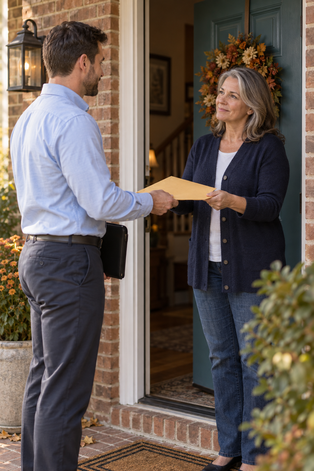 Process server handing legal documents to a woman at her front door in Oregon