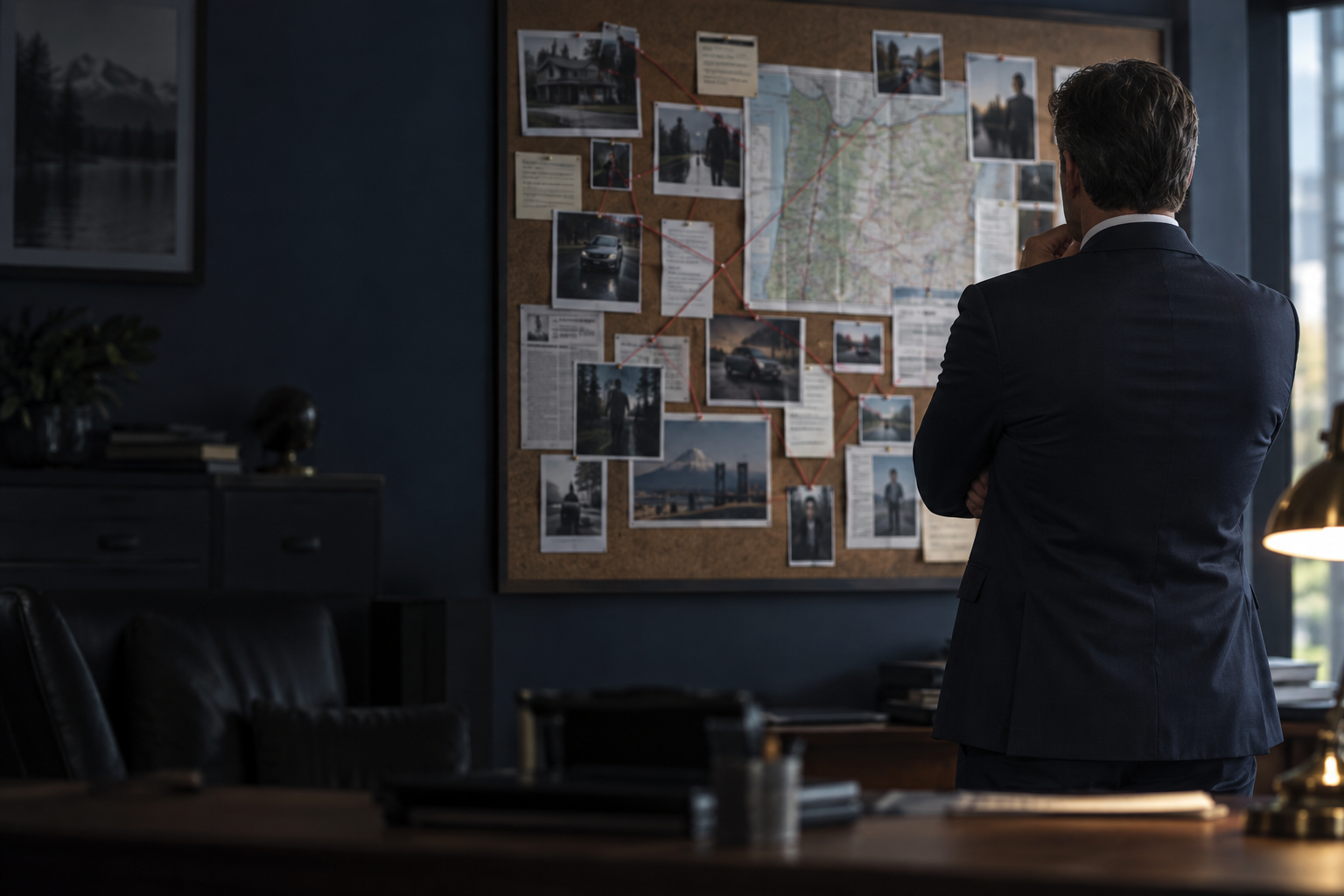 Investigator in a dark suit, seen from behind, studying a case board of pinned photographs, documents, and a map connected with red string