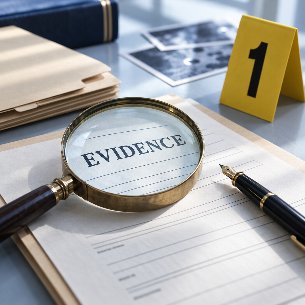 Magnifying glass over a case file marked EVIDENCE, with a fountain pen, case folders, and a numbered evidence marker