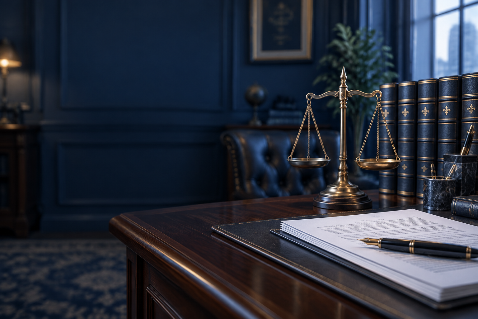 Brass scales of justice beside leather-bound law books and legal documents with a fountain pen on a law-office desk