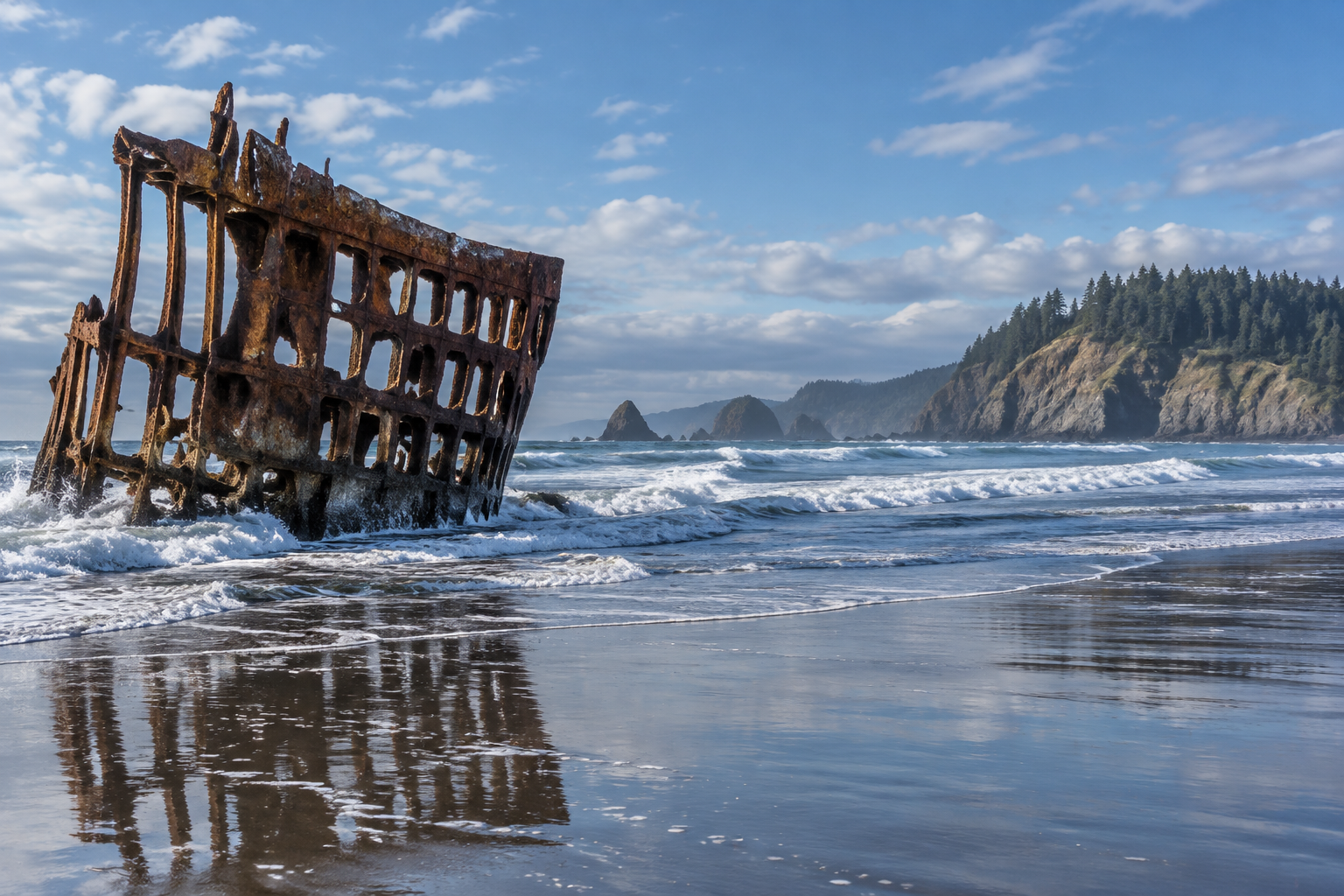 Rusted Peter Iredale shipwreck in the surf on the Oregon coast with a forested headland in the distance