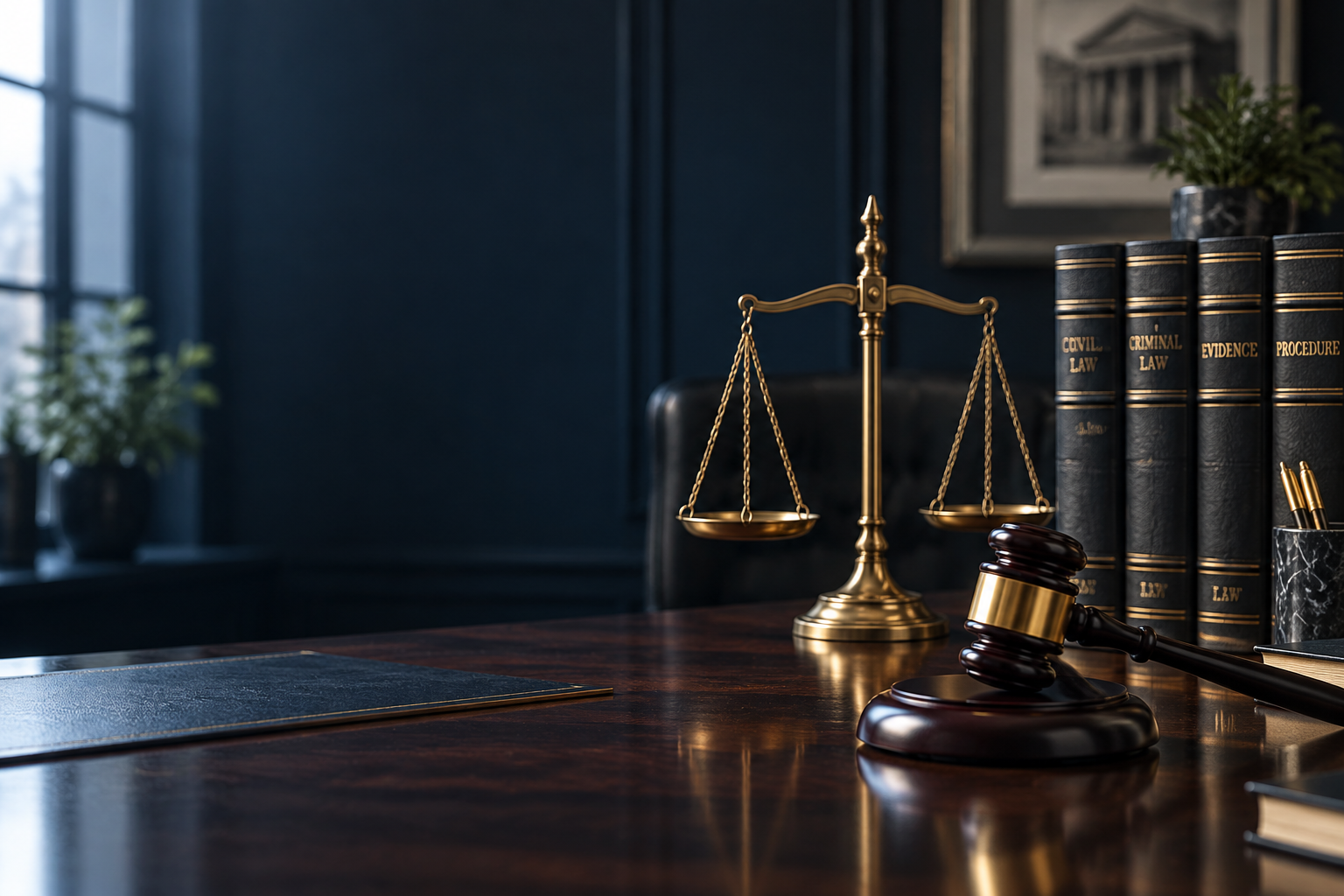 Brass scales of justice and a wooden gavel on a law-office desk beside leather-bound law books