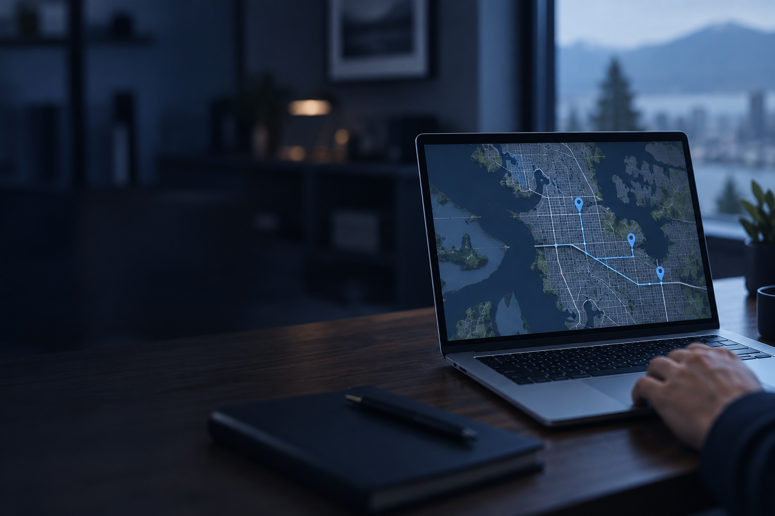 Laptop on an office desk displaying a city street map with blue location pins