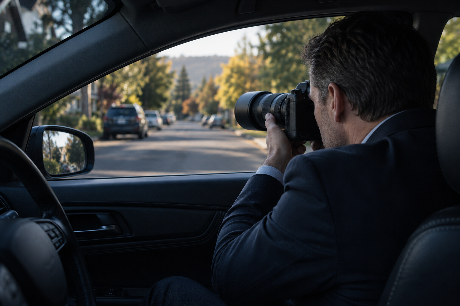Investigator in a dark suit seated in a parked car, photographing a quiet tree-lined Oregon street through a telephoto lens
