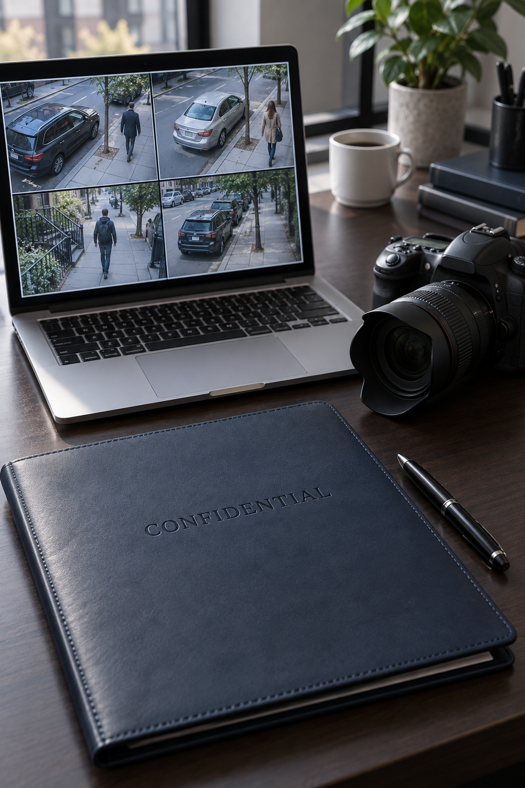 Laptop displaying a grid of surveillance photographs beside a professional camera and a navy folder marked Confidential on a desk