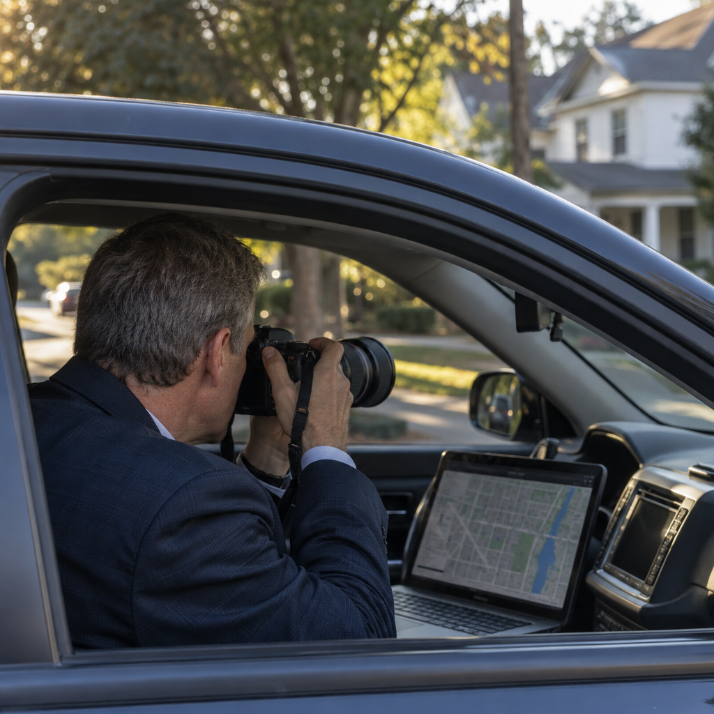 Investigator seated in a vehicle with a professional camera and telephoto lens, a laptop showing a street map on the console, in a quiet residential neighborhood