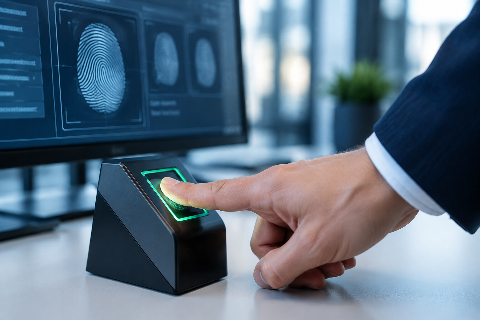 Finger placed on a digital fingerprint scanner with fingerprint records displayed on a monitor behind