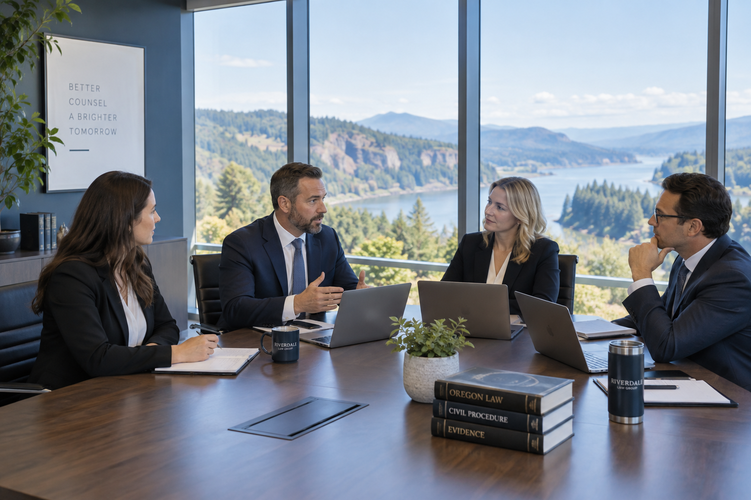 Legal team meeting around a conference table with laptops, windows overlooking green Oregon hills