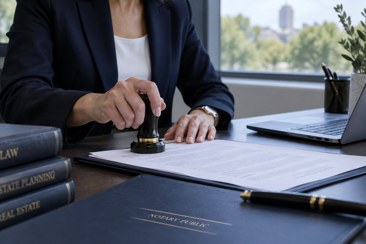 Notary in a dark blazer pressing an official stamp onto legal documents at a desk by a window