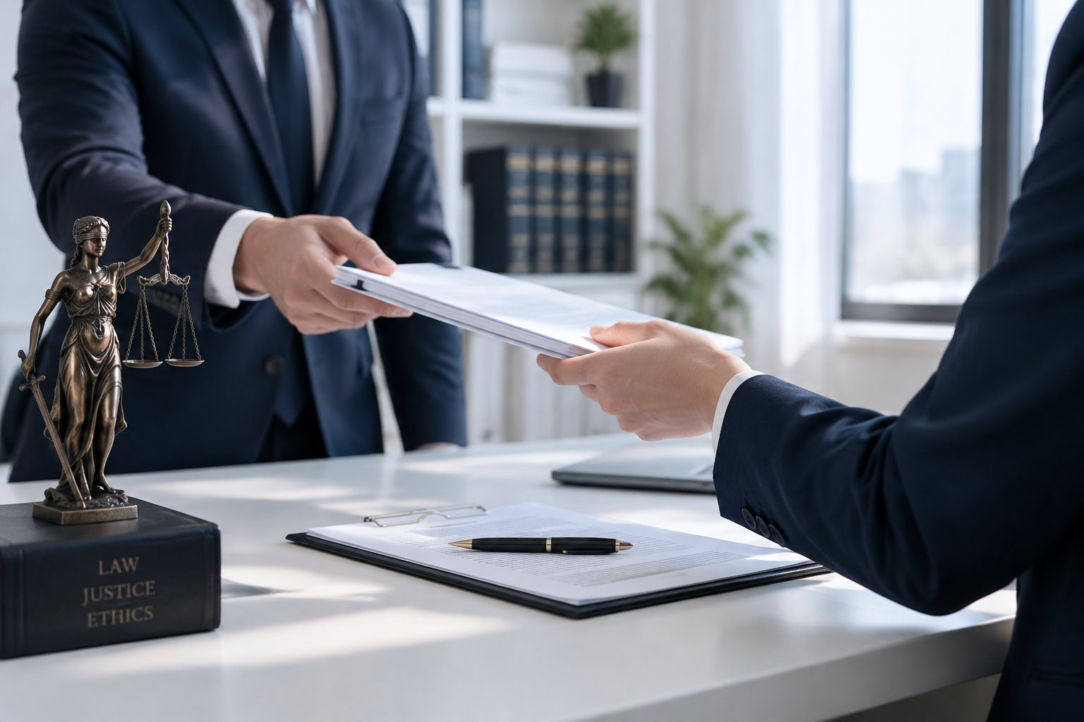 Two legal professionals in navy suits exchanging documents across a law-office desk beside a bronze Lady Justice statue