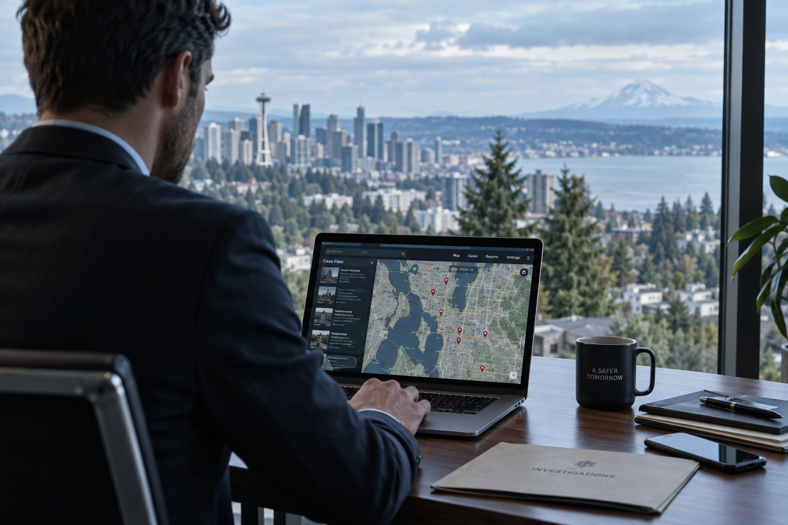 Investigator reviewing a map with location pins on a laptop beside a window overlooking a Pacific Northwest city