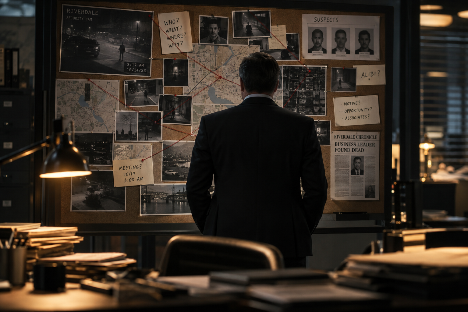 Investigator studying an evidence board of surveillance photos, maps, and notes in a lamp-lit office